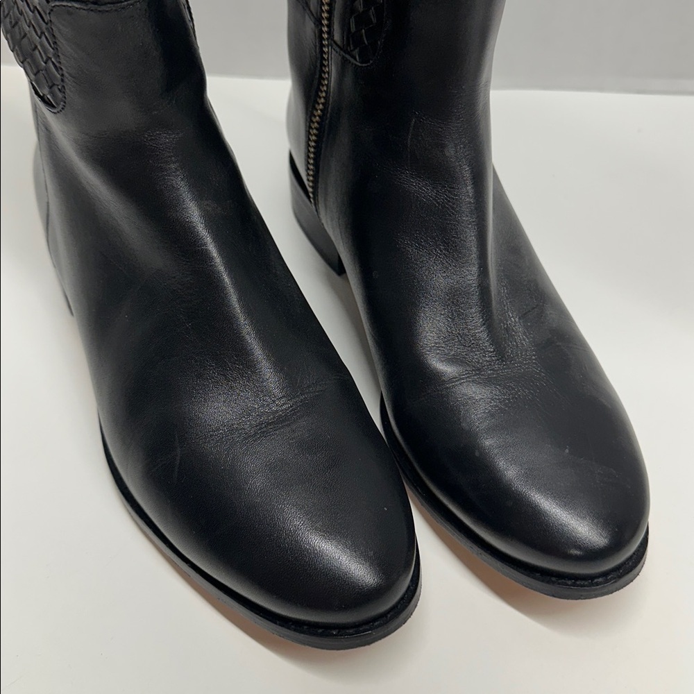 Cole Haan Brennan Riding Boots Tall Side Zip Braided Leather Black Brown Size 8 - Picture 6 of 9